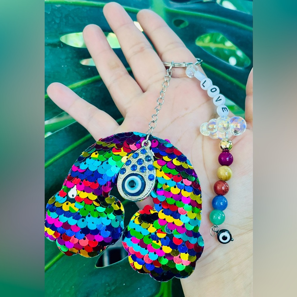 Multicolor Sequin Keychain Purse Charm with Evil Eye